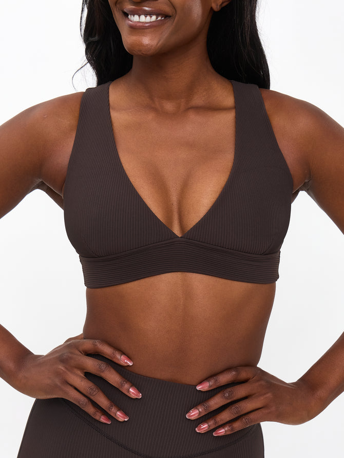 Ribbed Deep V Sports Bra - Cold Brew Image 0