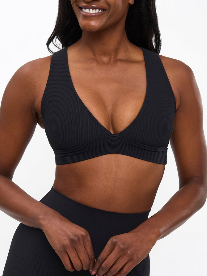 Ribbed Deep V Sports Bra - Onyx Black Image 0