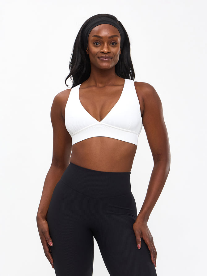 Ribbed Deep V Sports Bra - White Image 0