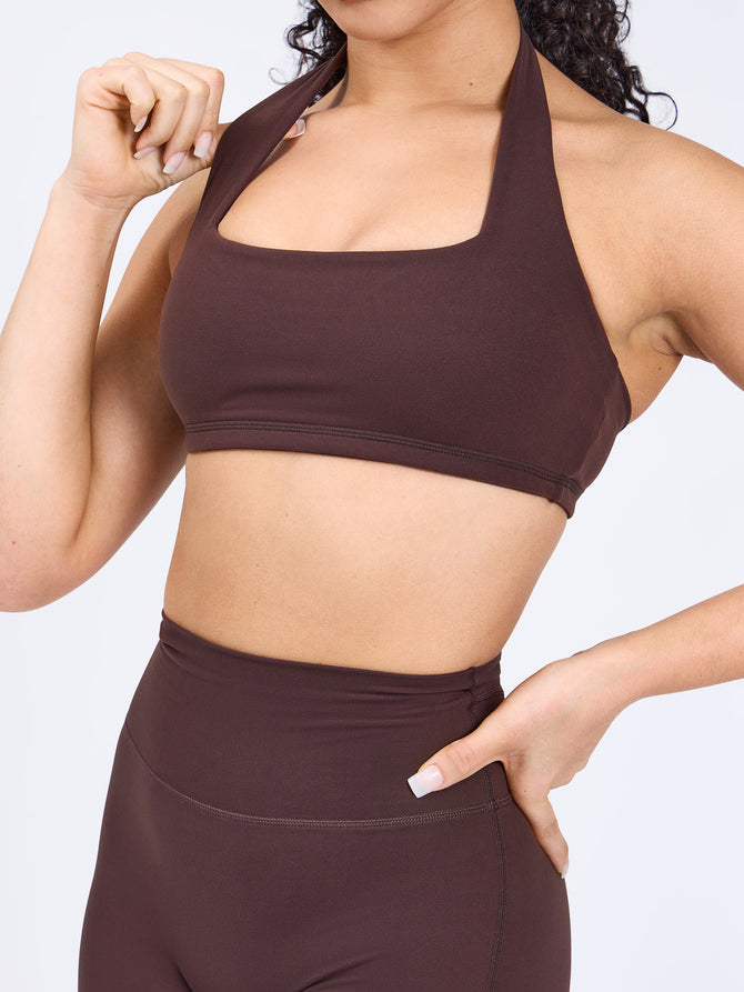 Buy Fitkin Plus Size Halter Neck High Support Chocolate Brown Sports Bra  online