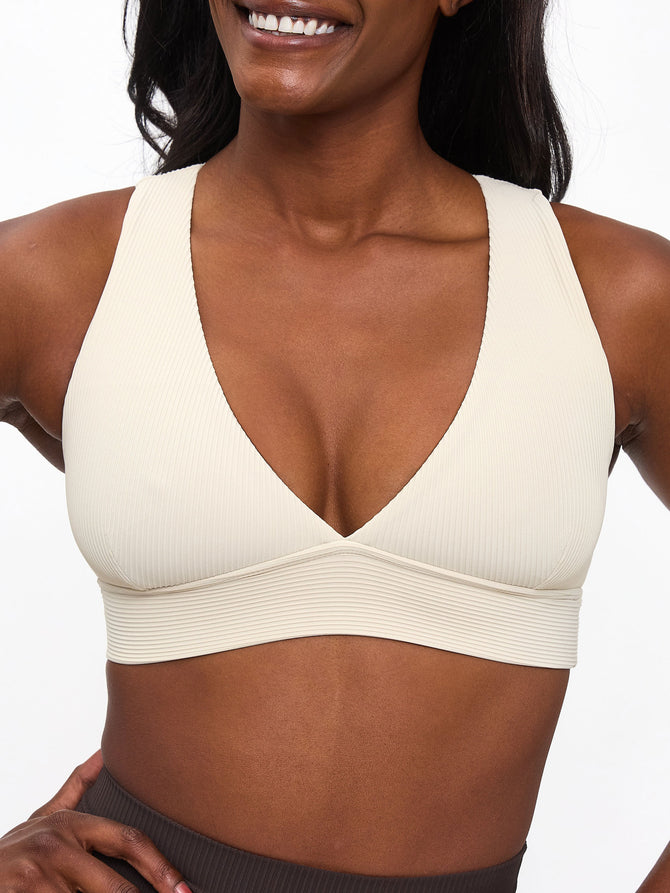 Ribbed Deep V Sports Bra - Bone Image 0